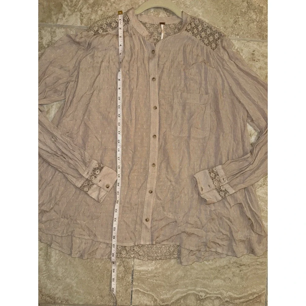 Free People Beige Long Flowy Boho Button Down Top w/Lace Back‎ Size M
